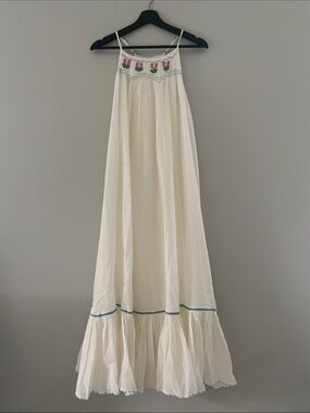 Free People Cream Maxi Dress with Pink Floral Embroidery and Blue Trim S New